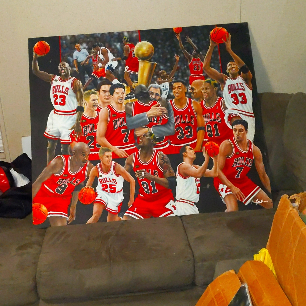 AMAZING OIL PAINTING OF THE GOAT  MICHAEL JORDAN AND THE CHICAGO BULLS 36x42 GGP